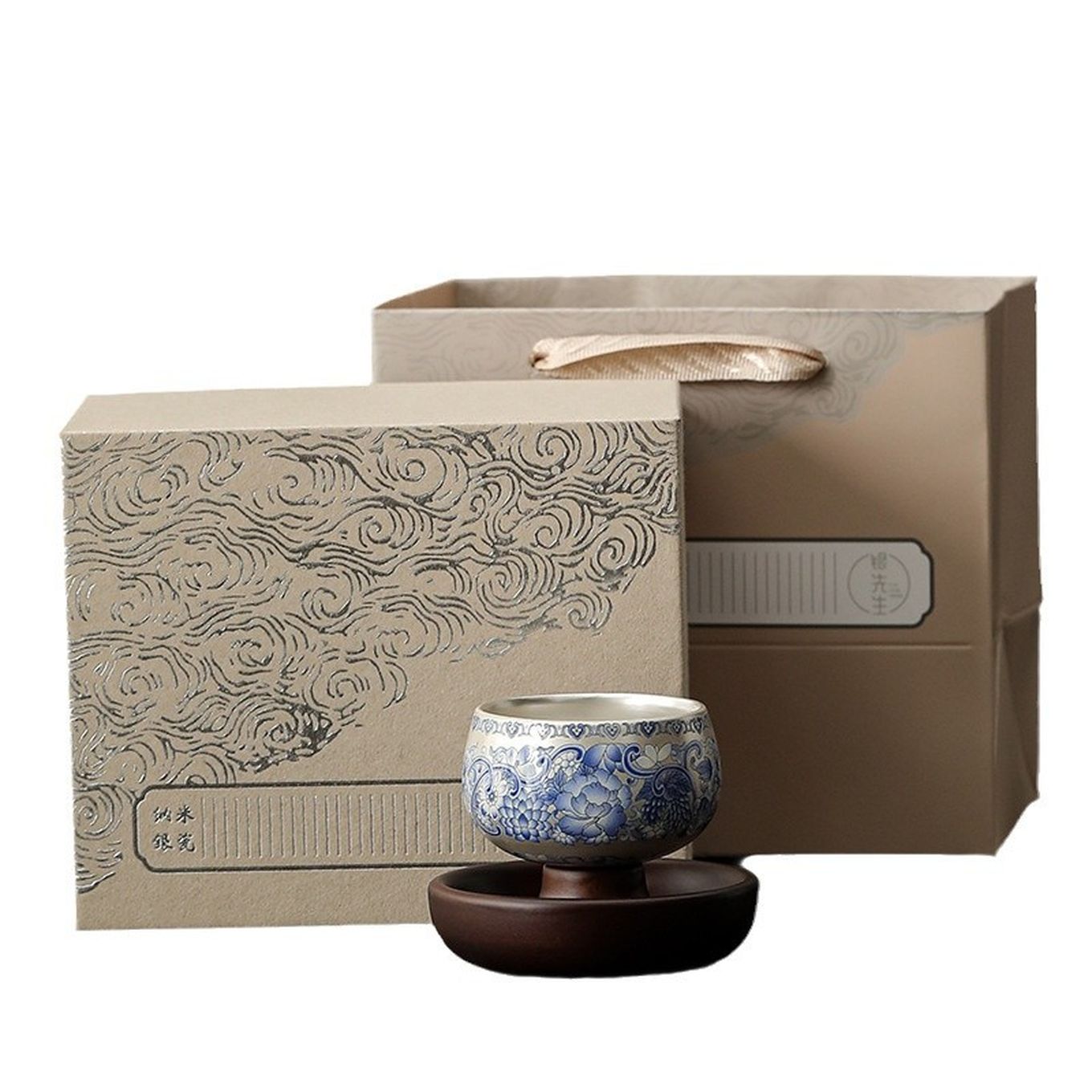 999纯银茶杯单杯时来运转鎏银陶瓷茶具高端主人杯360度可旋转杯子