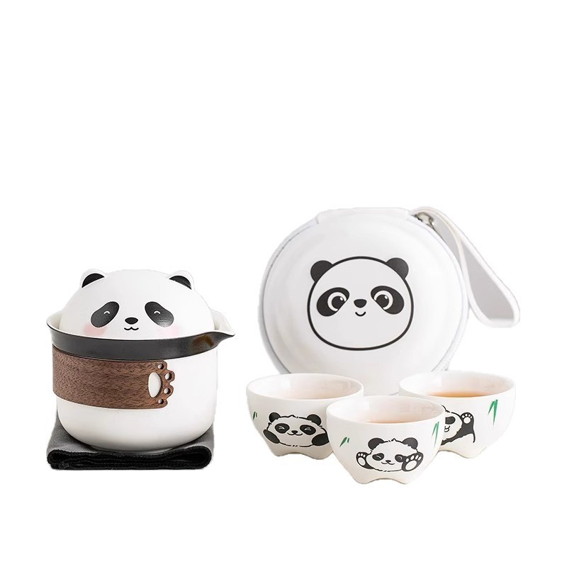 熊猫便携式旅行茶具套装一壶三杯快客杯户外露营泡茶壶商业伴手礼